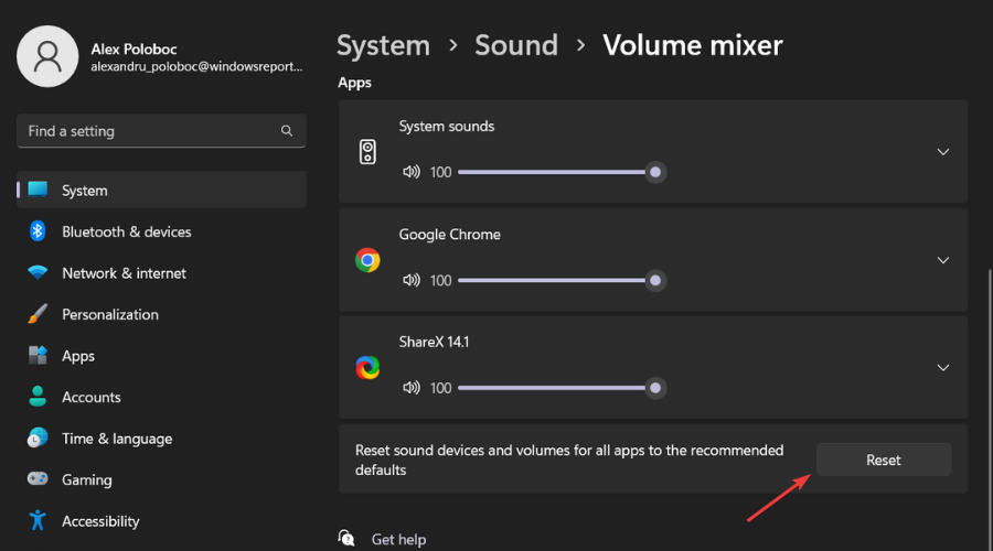 reset sound settings windows 11