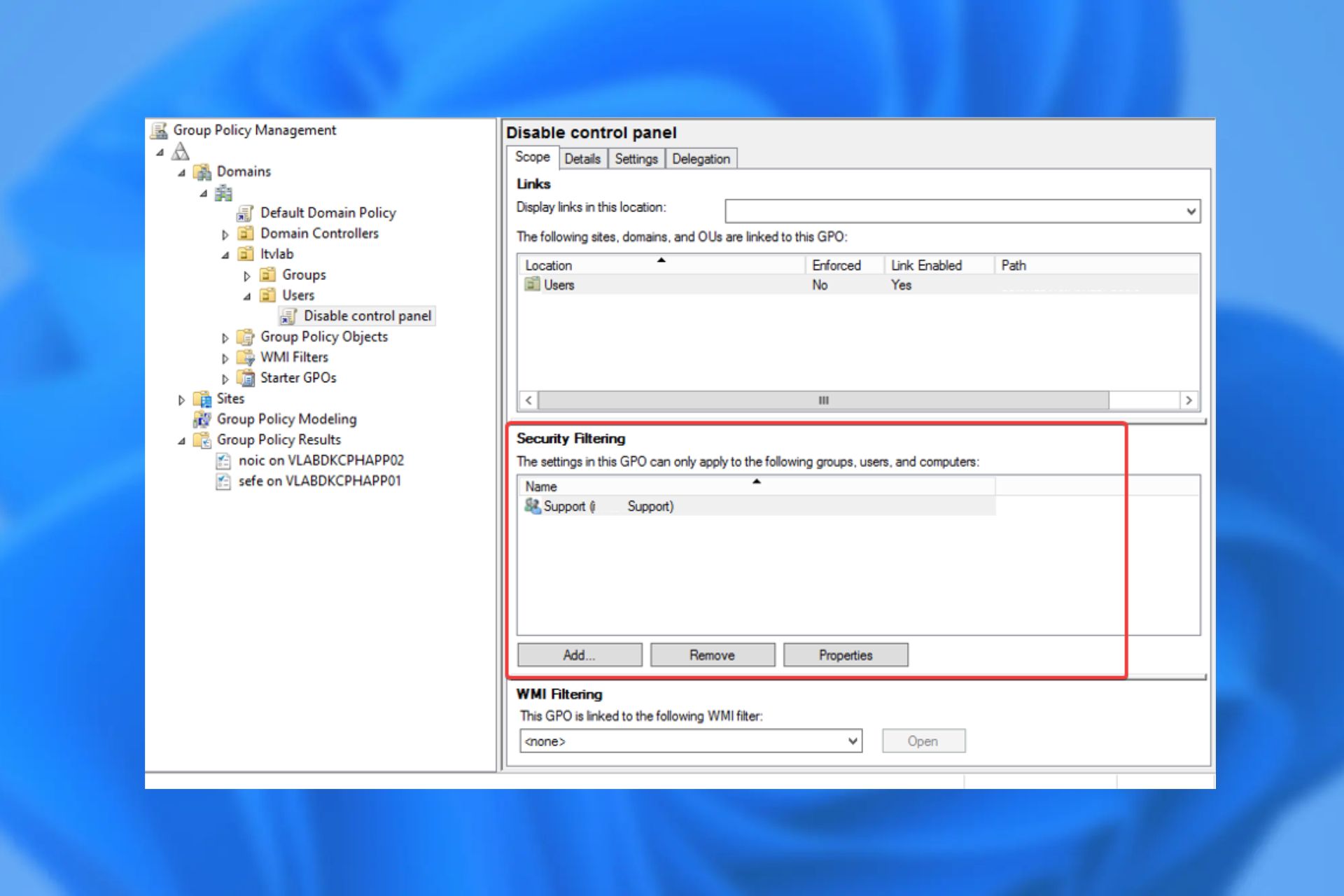 Group policy security filtering