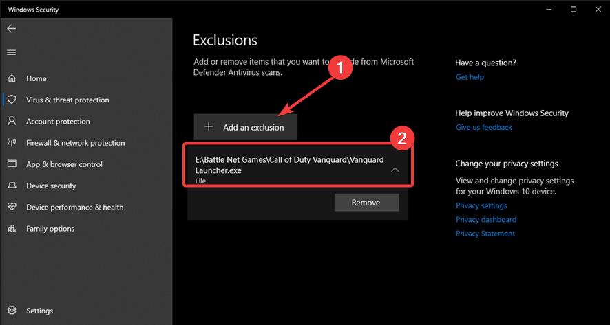 add cod vanguard exclusions list Windows defender