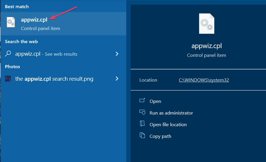 An appwiz.cpl search quickbooks won't open in windows 10