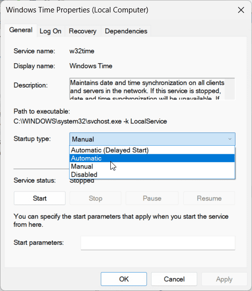 automatic startup type windows time