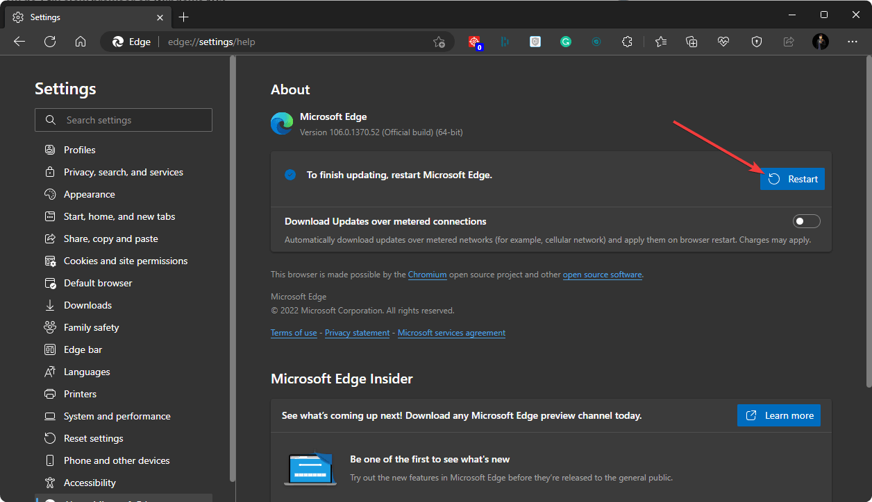 clicking restart edge update