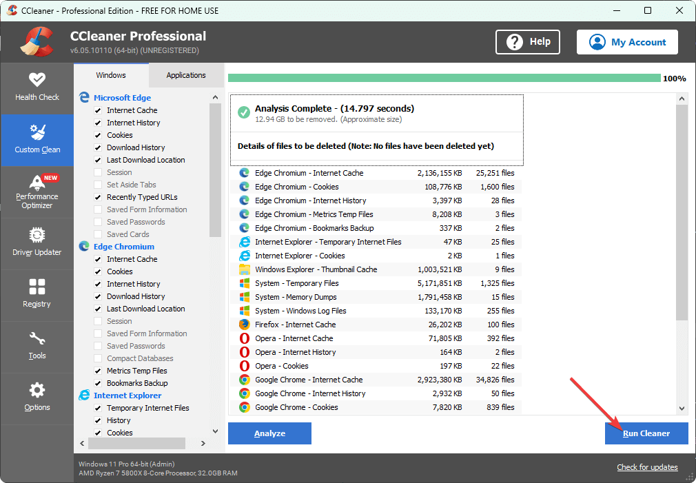 clicking run cleaner ccleaner