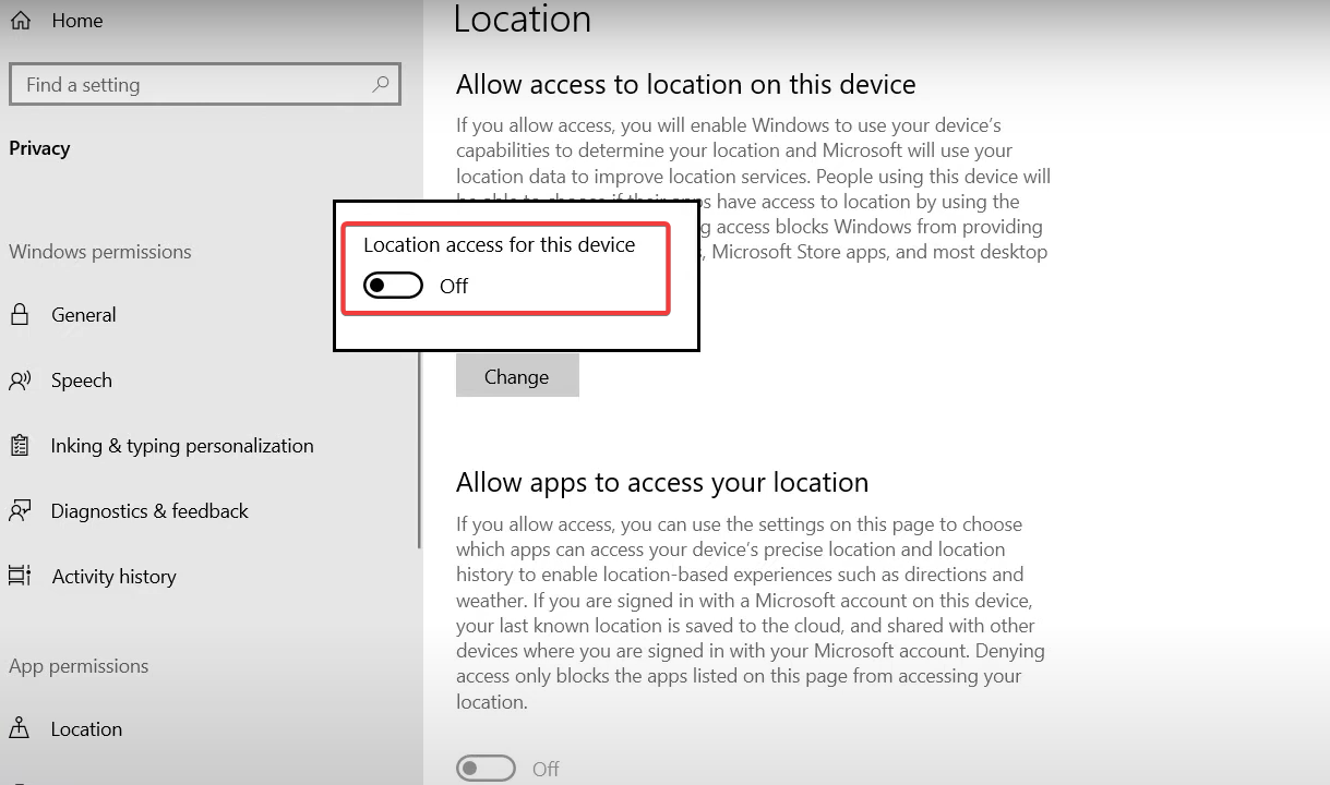 disable location services windows 10