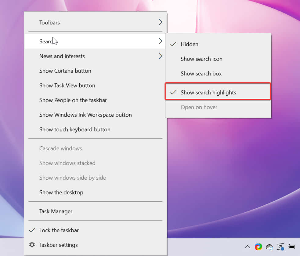 click to disable windows 11 search highlights on taskbar
