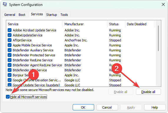 deshabilitar las ventanas de configuración del sistema de elementos de fondo que no sean de Microsoft