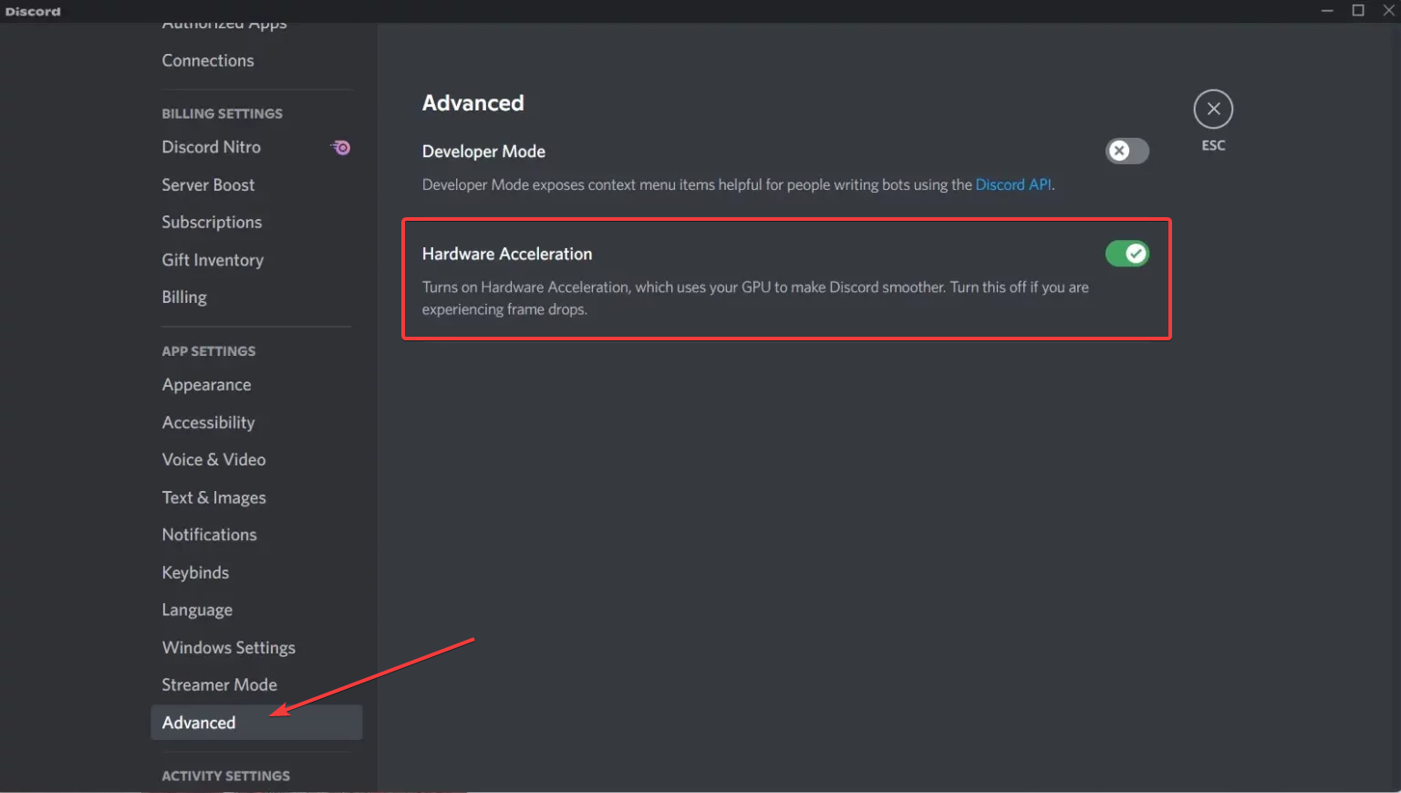 discord setting and advanced section