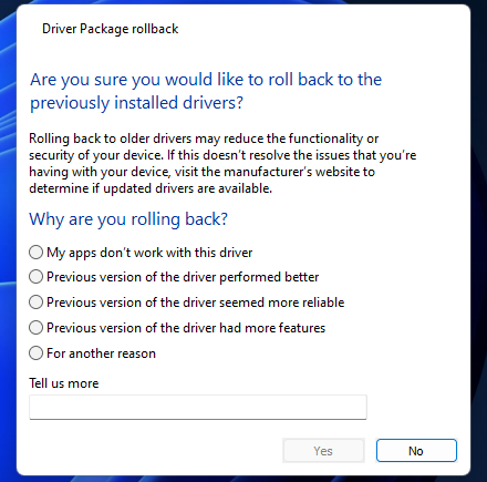 select a reason why you want to rollback driver windows 11