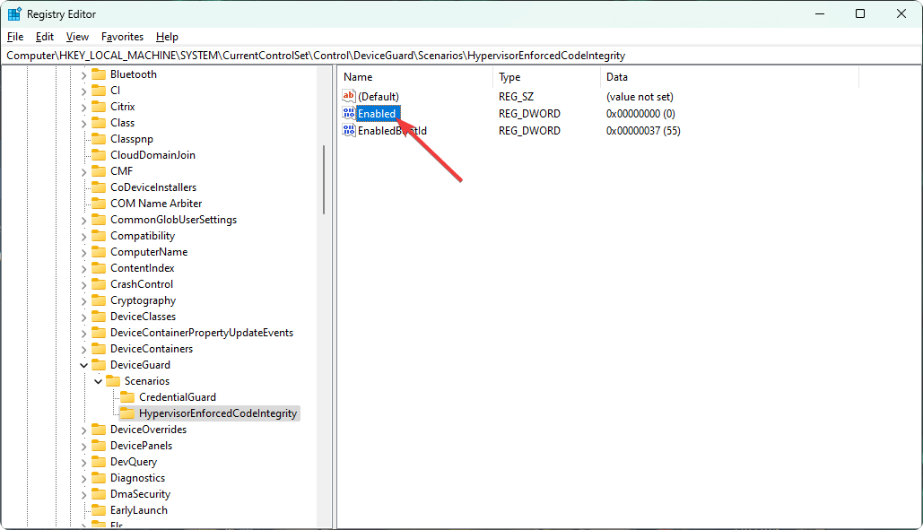 enabled on hypervisorenforcedcodeintegrity windows registry edtitor
