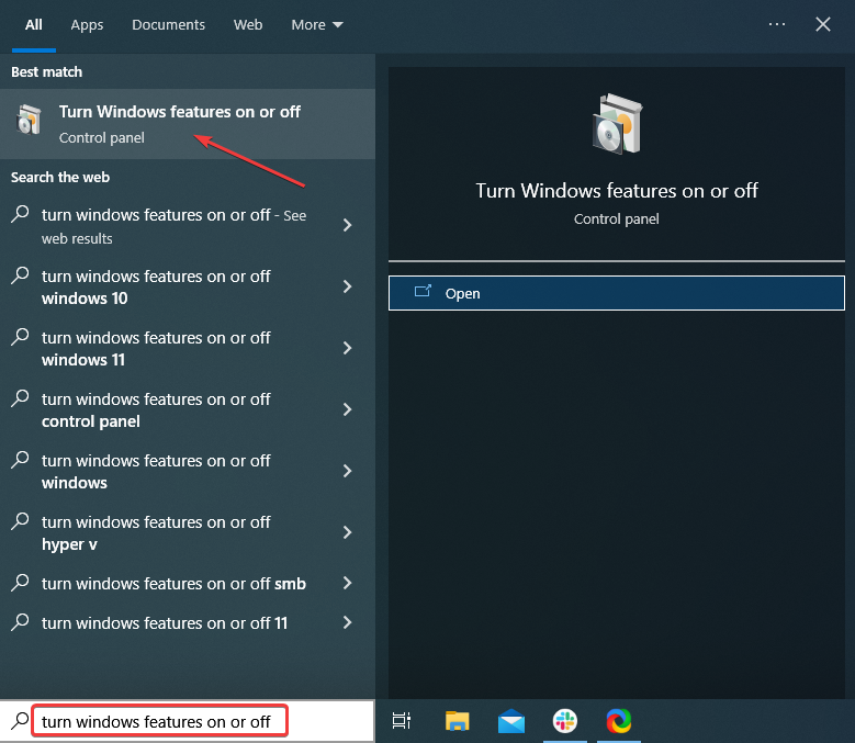 turn windows features on or off to fix unhandled exception