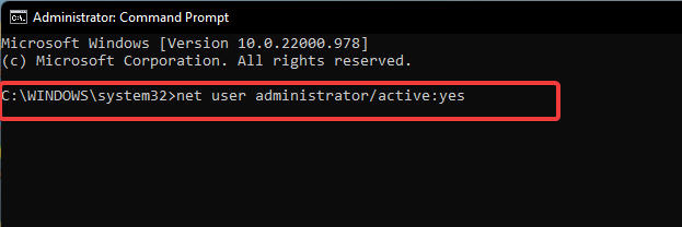 net user administratoractiveyes command in command prompt