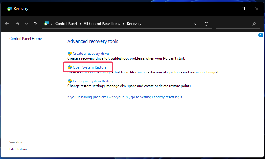 Open System Restore option roll back driver windows 11