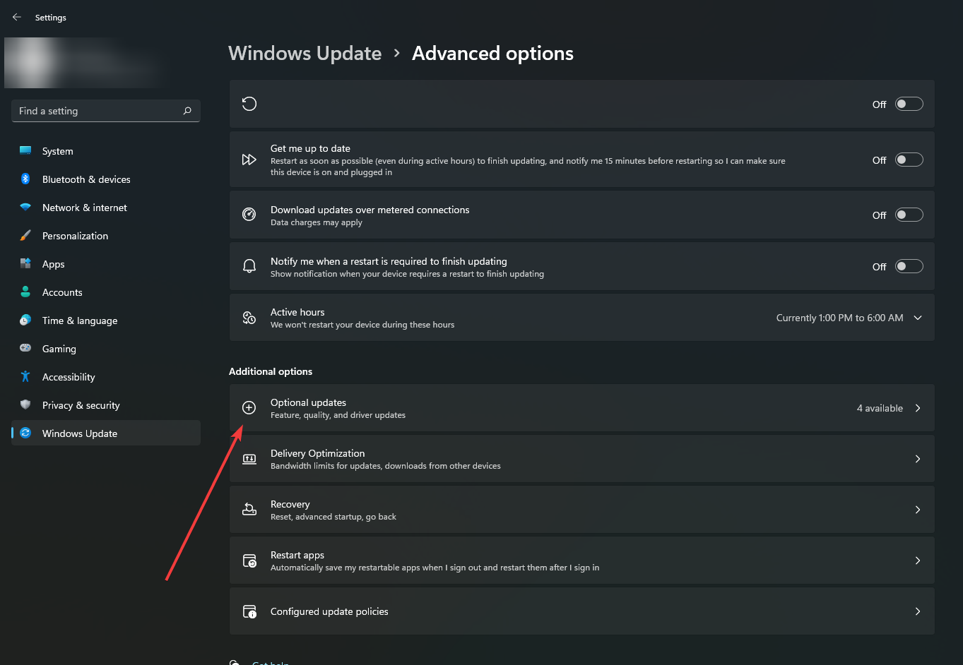 optional updates section in Windwos updates