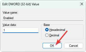 値を 1 に設定し、[OK]をクリックすると、dword 32 ビット Windows レジストリが表示されます。