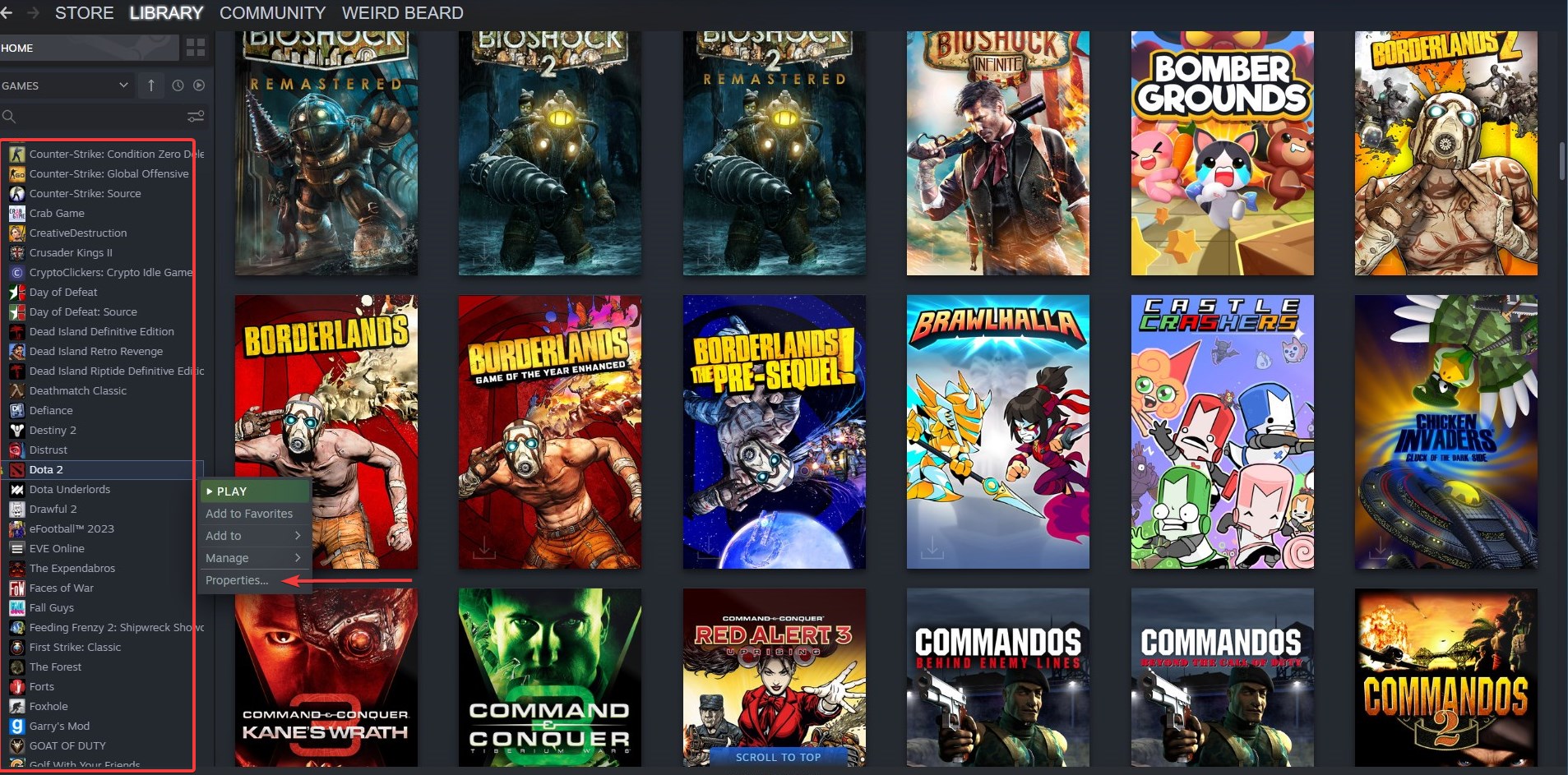steam library and game properties