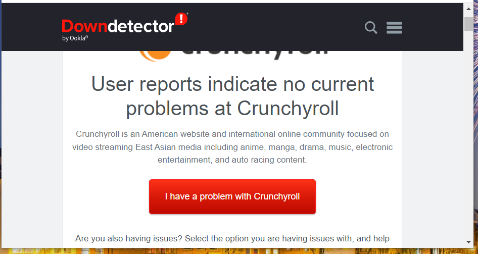 Crunchyroll's DownDetector page crunchyroll internal server error