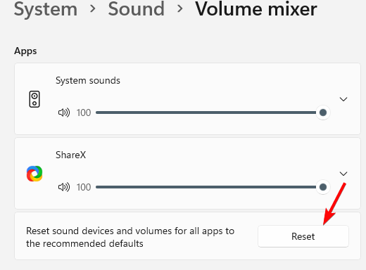 Reset sound devices and volumes for all apps to the recommended defaults