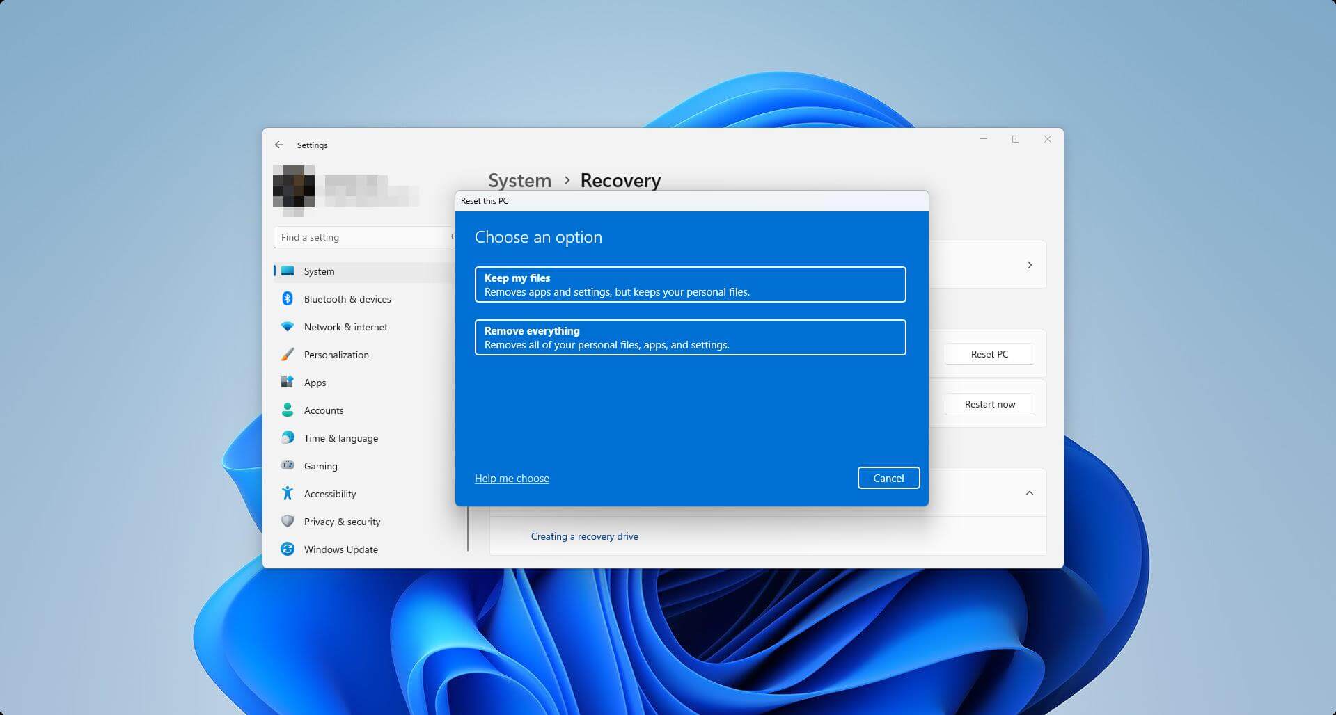 Windows 11 reset option