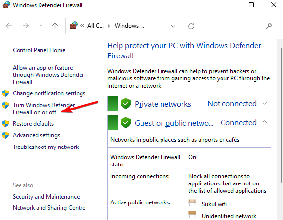 Windows Defender ファイアウォールをオンまたはオフにする