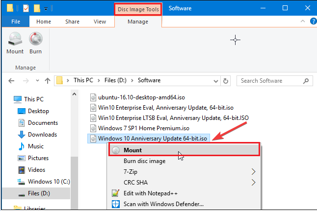 In another way, you can choose the ISO file in File Explorer and click on the Mount button under the Disc Image Tools tab | Hyper V is not booting from ISO