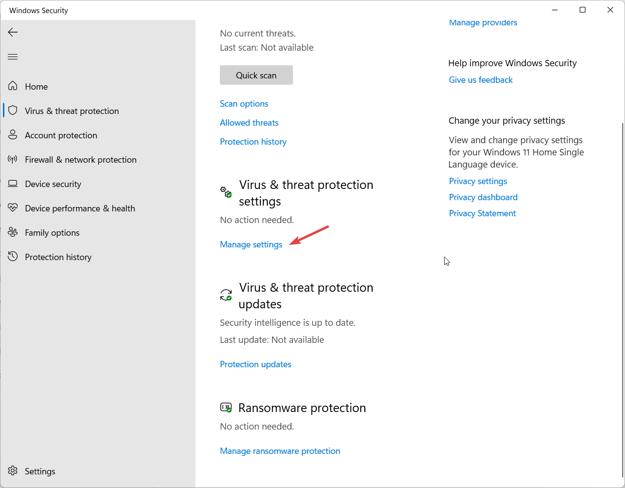 Virus & Threat Protection Manage Settings