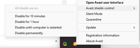 Avast disable protection