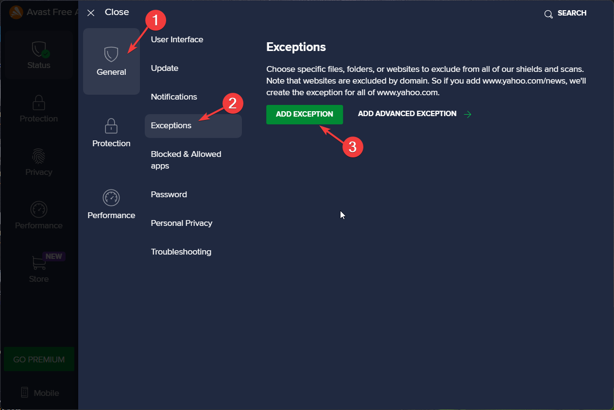 AVAST Exceptions tab