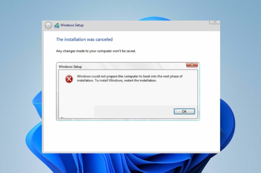 windows could not prepare the computer to boot into the next phase of installation