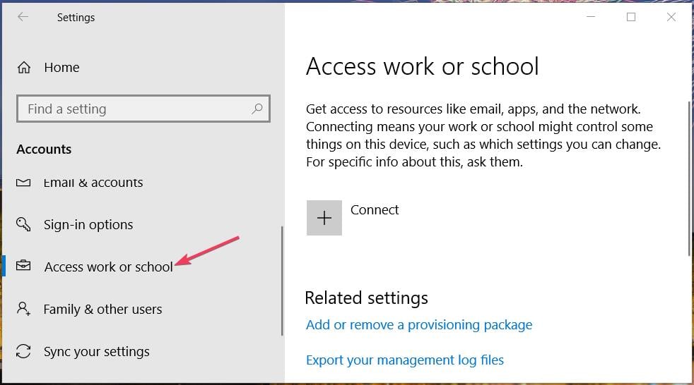 Access work or school tab remove a work or school account from Windows 10