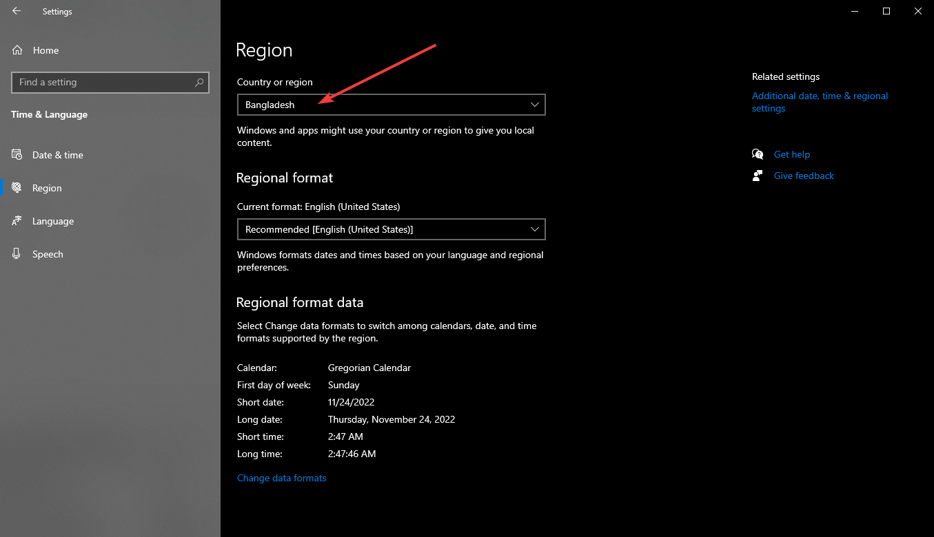 changing country or region Windows 10 settings