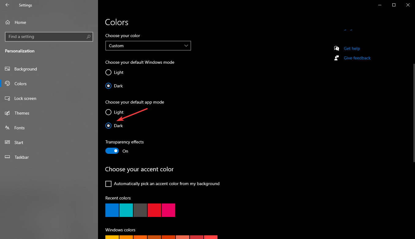 choose your default app mode color windows 10 settings