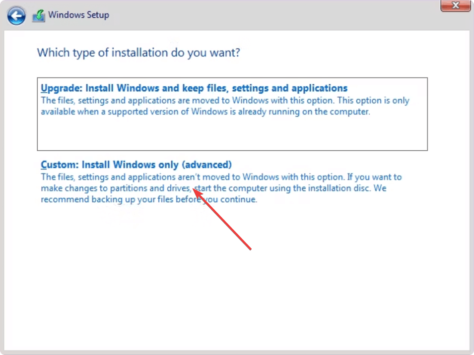 カスタム Windows セットアップの選択