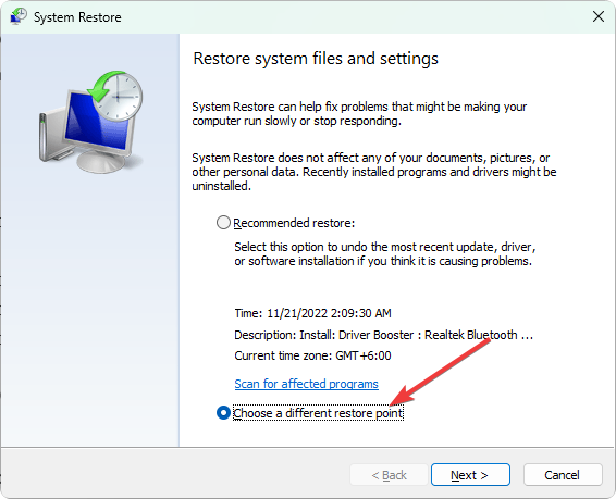 clicking choose a different restore point