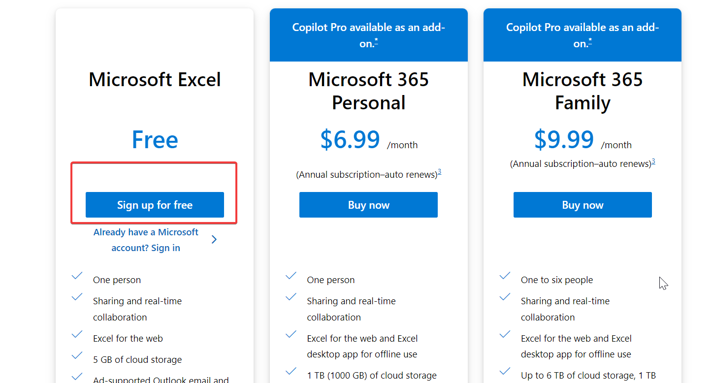 excel sign up for free