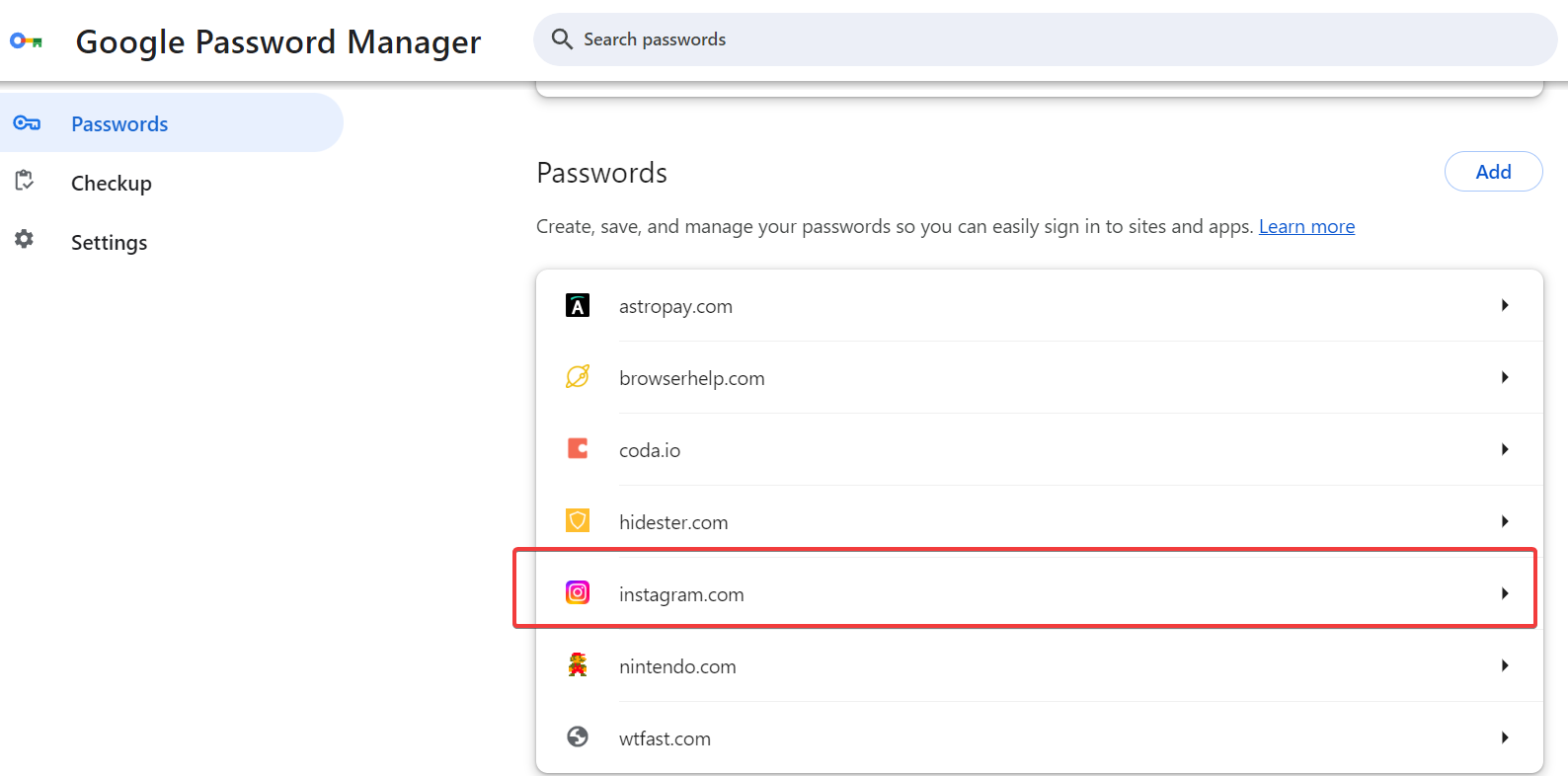 instagram in google password manager