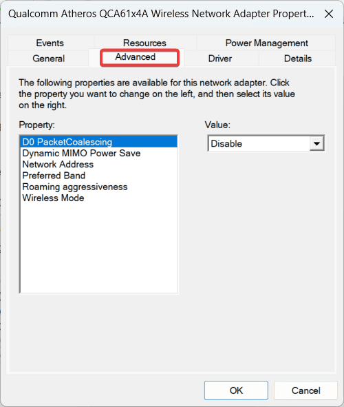 network adapter properties advanced tab