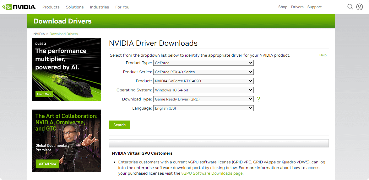 nvidia download page