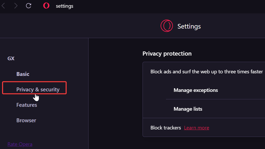 opera gx privacy and security settings