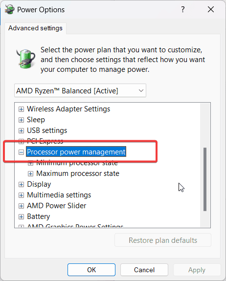 processor power management settings