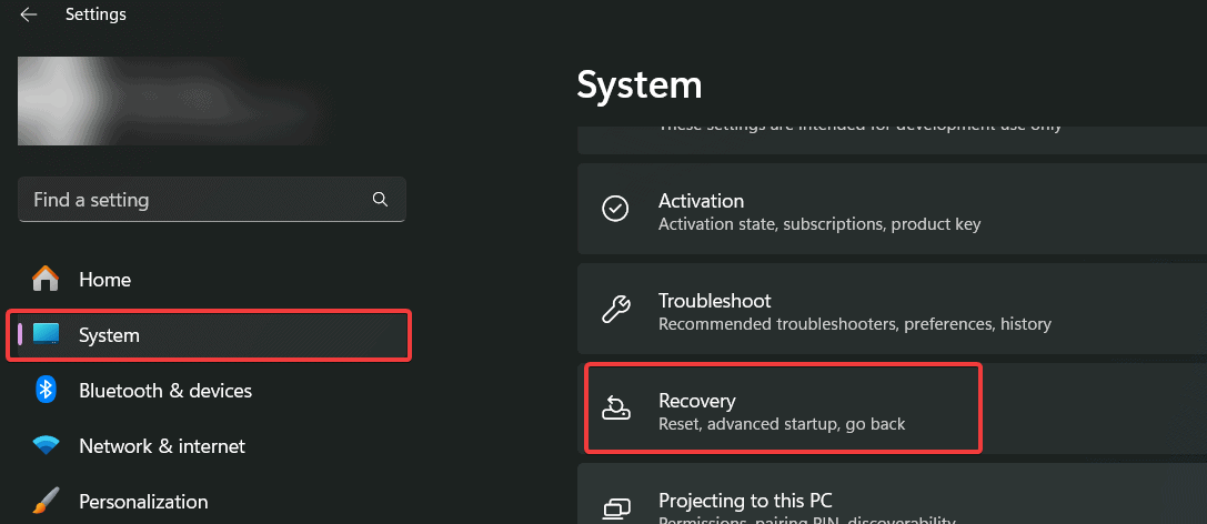 recovery settings in windows 11