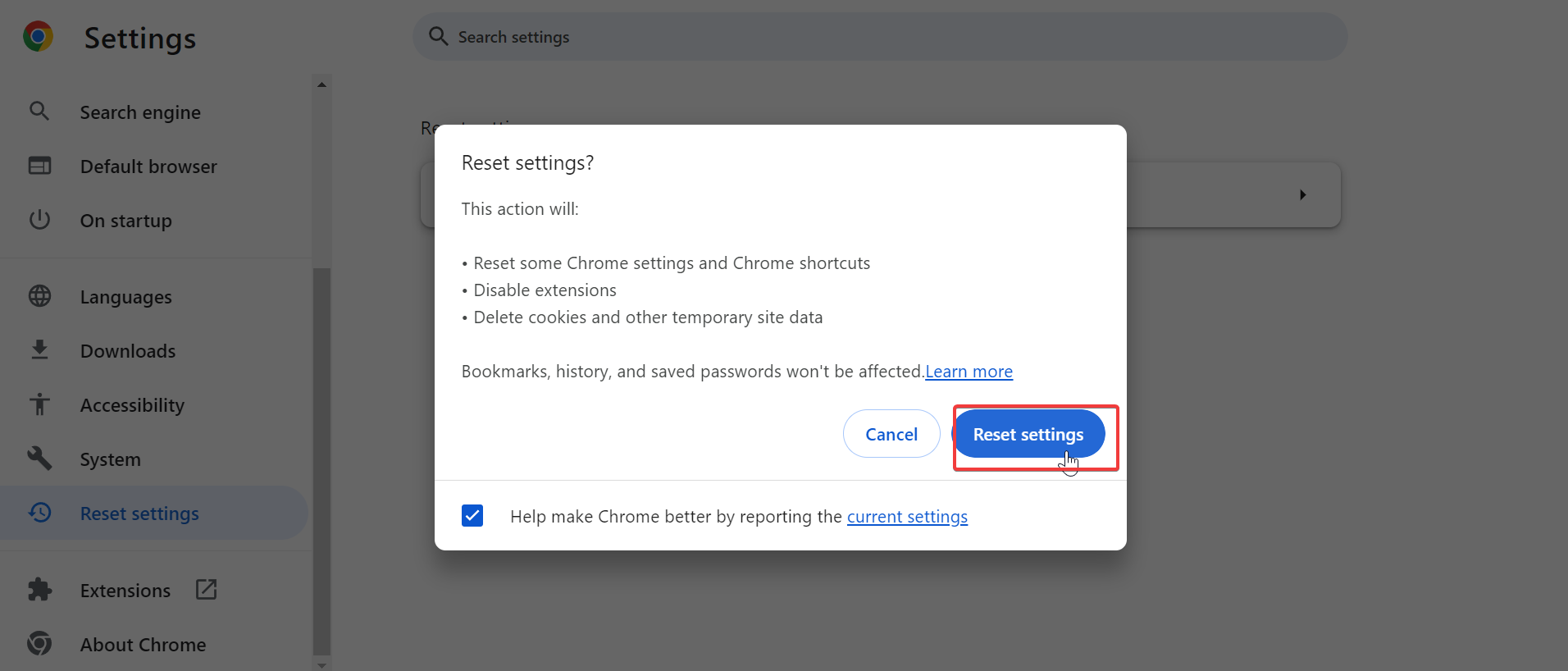 reset settings button google chrome