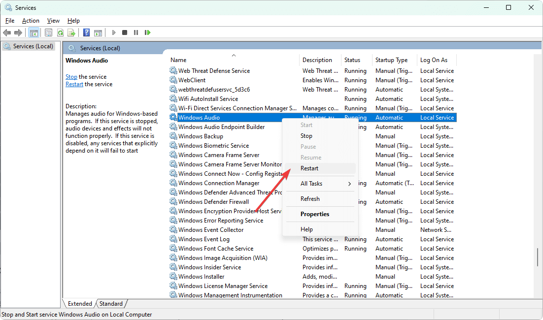 restarting windows audio service
