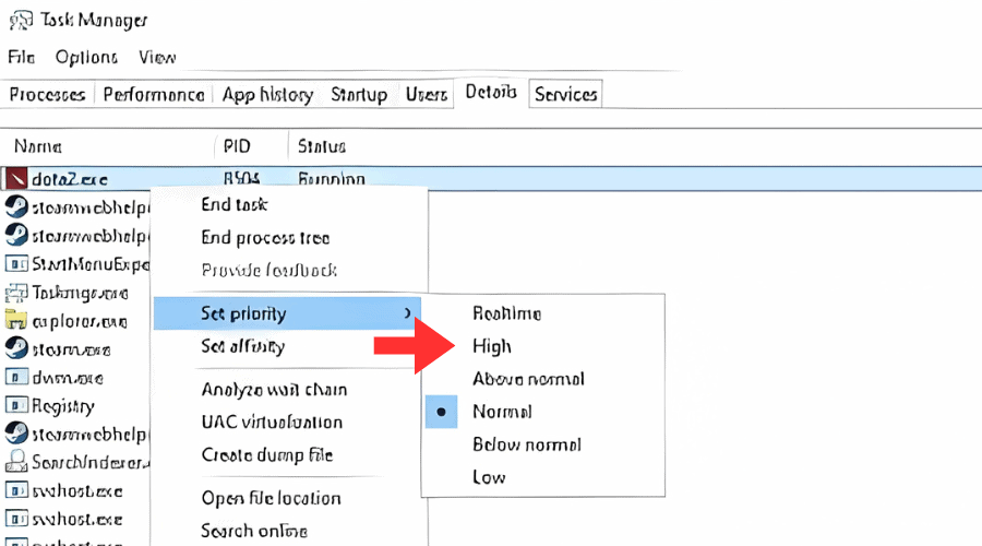 set priority high dota 2