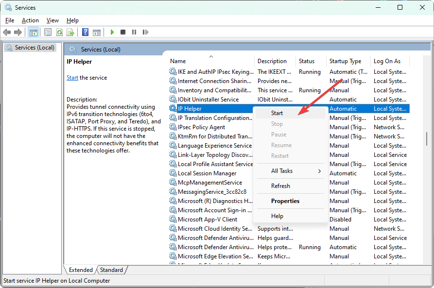 starting a service ip helper in services Windows