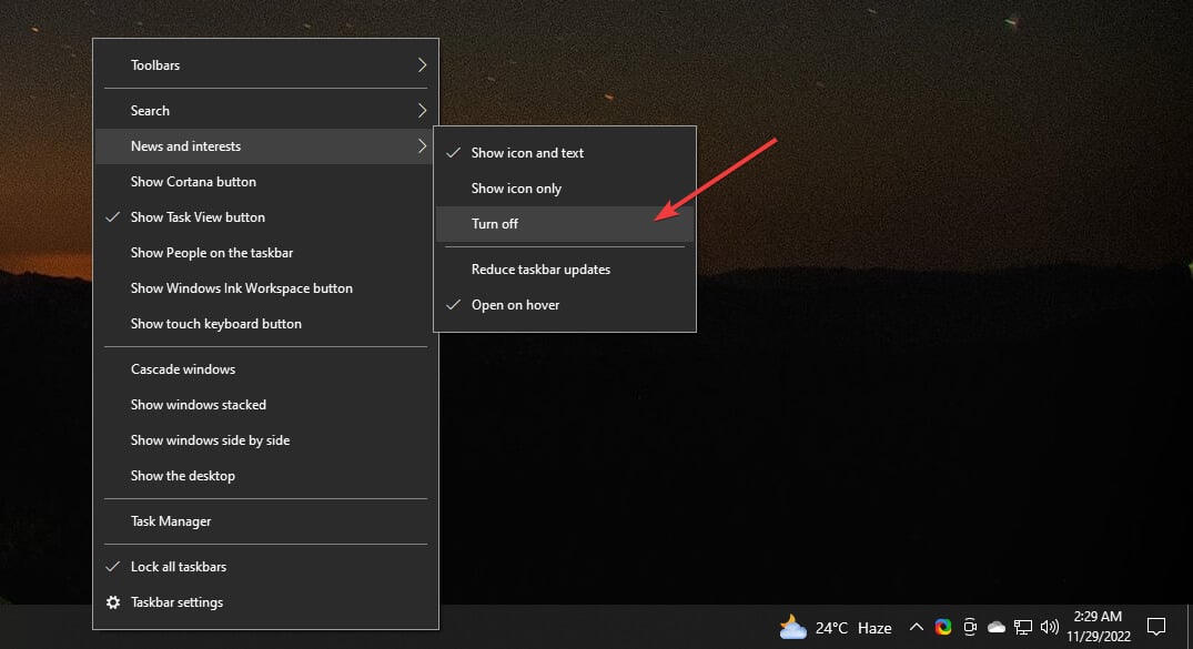 turning off news and interests windows 10
