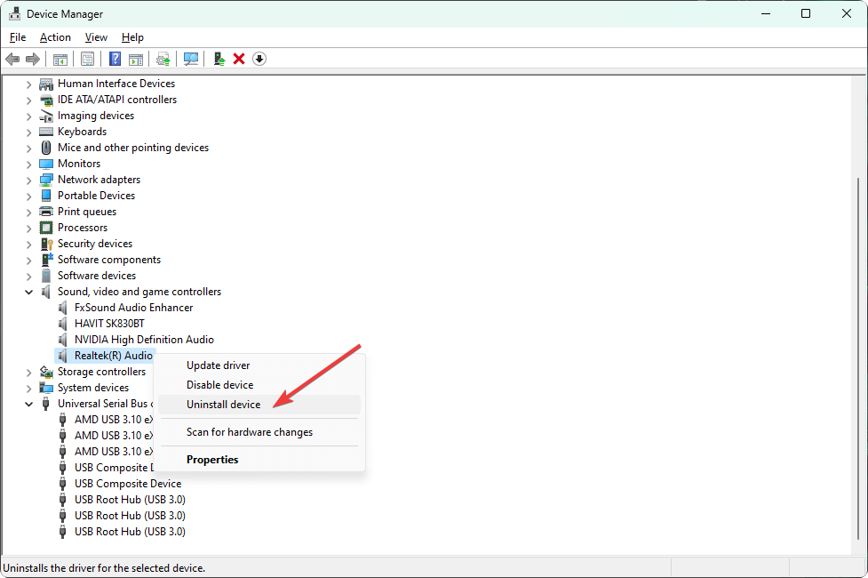 uninstalling audio driver windows 11 device manager
