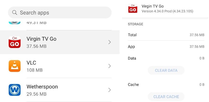 virgin tv go clear app data and chache