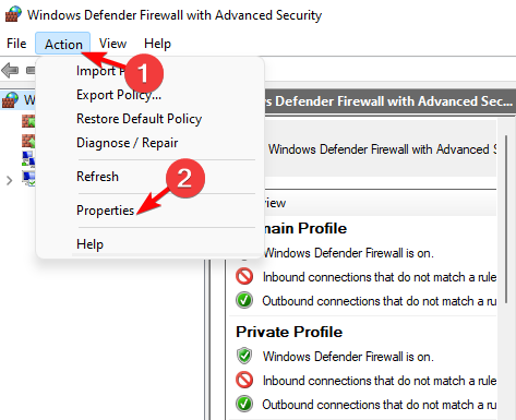 高度なセキュリティ プロパティを備えた Windows Defender ファイアウォール