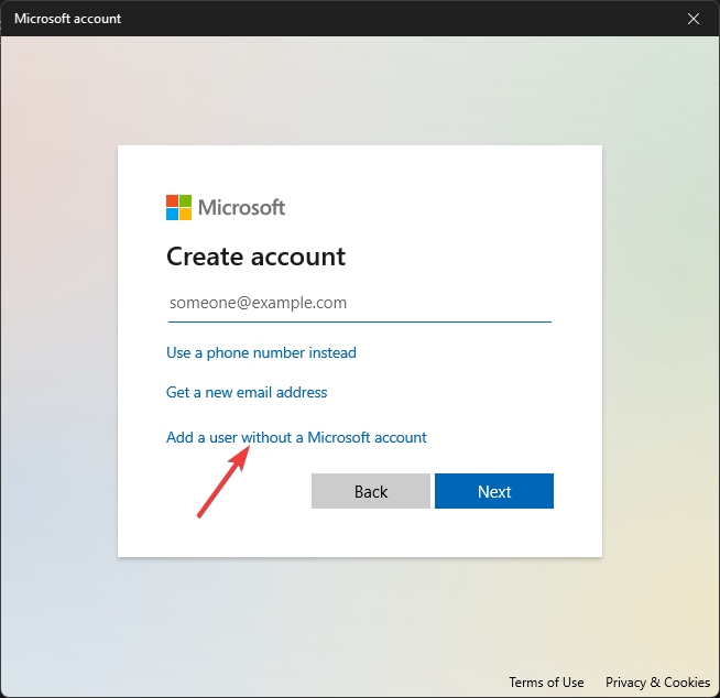 Add a user without Microsoft account
