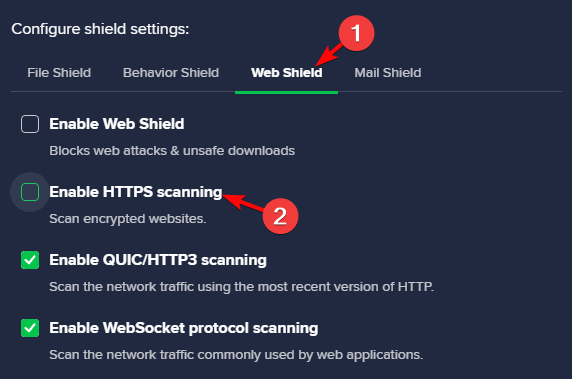 deselect Enable HTTPS Scanning